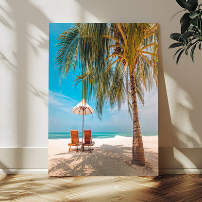 51024-MGV-CV-24X36-Tropical Beach Wall Art Canvas Print, Framed Palm Tree Art Picture Print, Sandy Shoreline Perfect Minimalist Coastal Decor Artwork