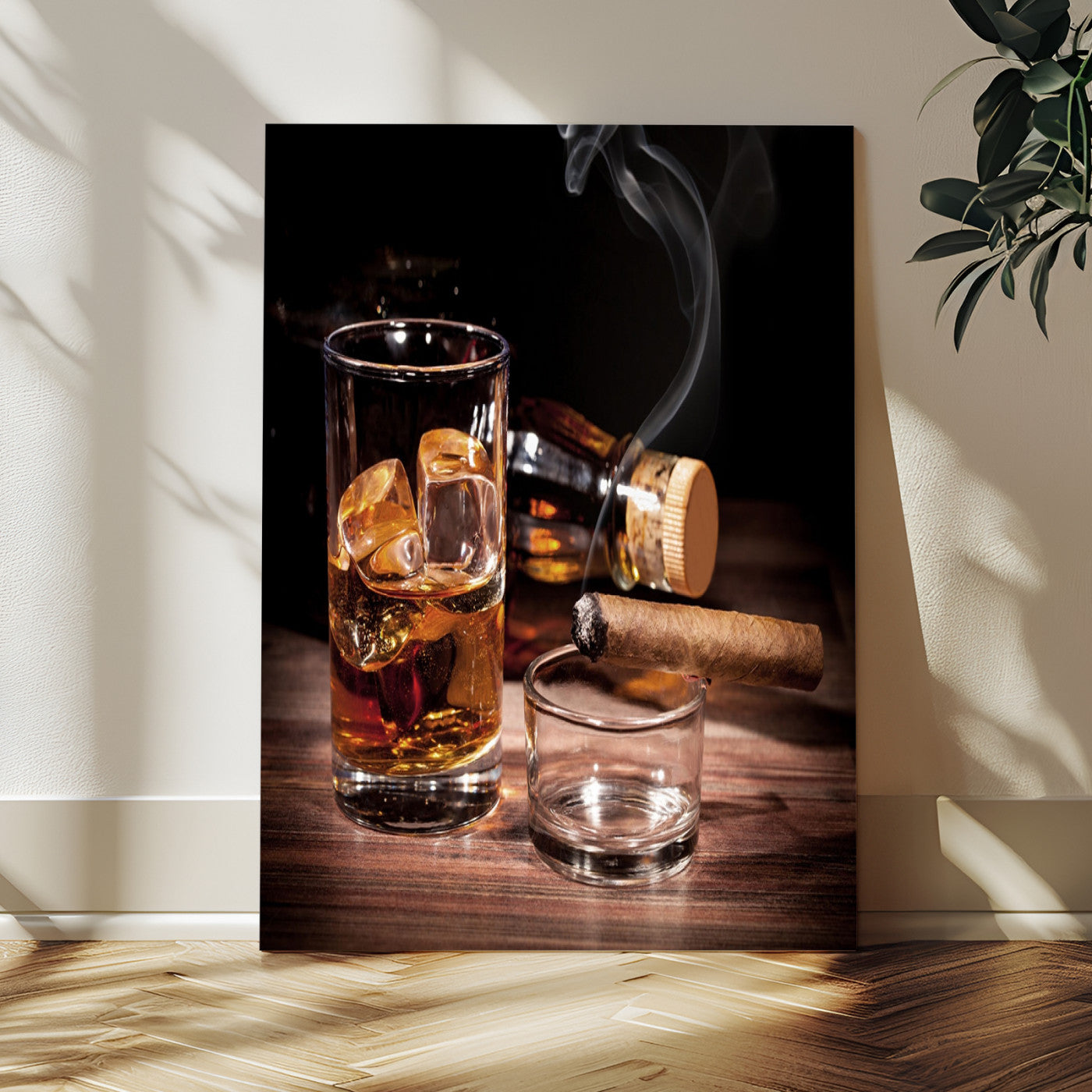 13274-MGV-CV-24X36-Whiskey Glass Wall Art Canvas Print, Framed Smoking Cigar Art Picture Print, Amber Whiskey Perfect Masculine Rustic Decor Artwork