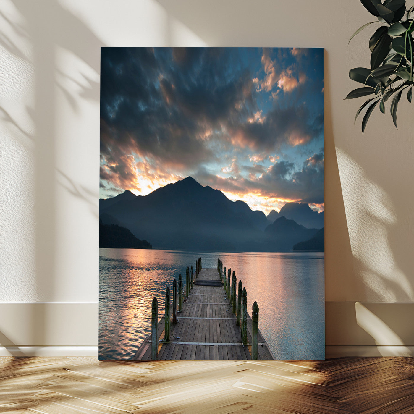 16043-MGV-CV-24X36-Mountain Lake Wall Art Canvas Print, Framed Sunset Reflection Art Picture Print, Calm Horizon Perfect Moody Nature Decor Artwork