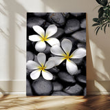 45657-MGV-CV-24X36-Large Wall Art White Flowers on Black Zen Meditation Stones Vertical Canvas Print