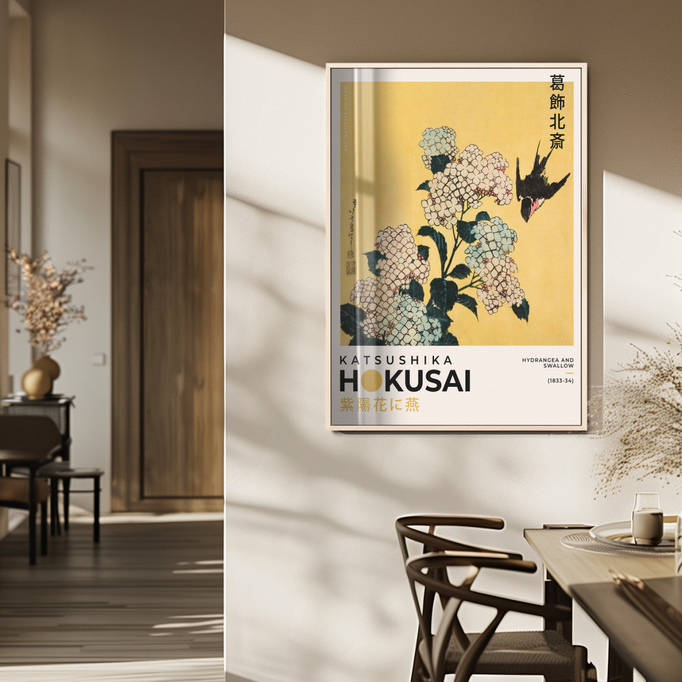 11004-MGV-FP-48X32-3P_Natural-Hokusai Hydrangea Wall Art – Japanese Floral Canvas Print with Swallow Bird, Classic Ukiyo-e Nature Decor for Bedroom, Office or