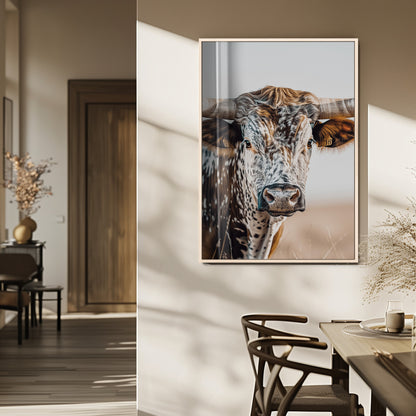 50803532-MGV-FP-48X32-3P_Natural-Texas Longhorn Wall Art Canvas Print, Framed Speckled Cow Art Picture Print, Horned Bull Perfect Rustic Western Decor Artwork