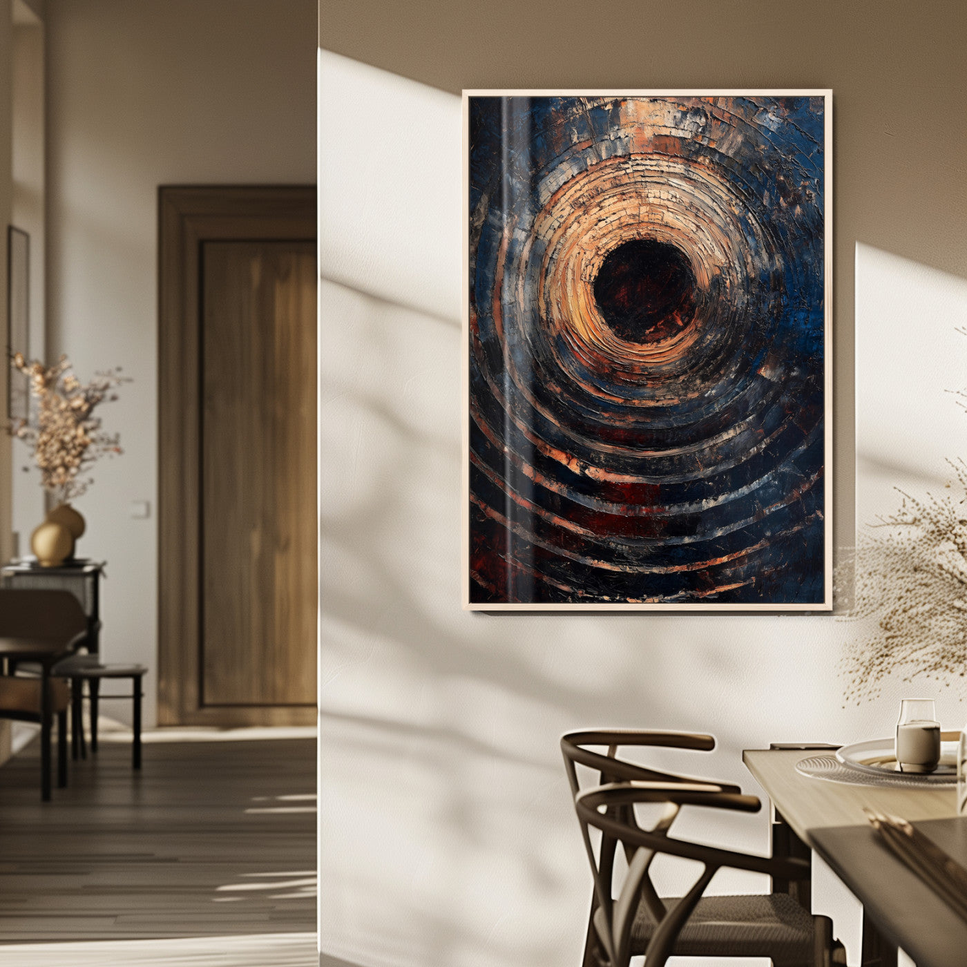 77401573-MGV-FP-48X32-3P_Natural-Textured Spiral Wall Art Canvas Print, Framed Abstract Void Art Picture Print, Wooden Vortex Perfect Modern Industrial Decor