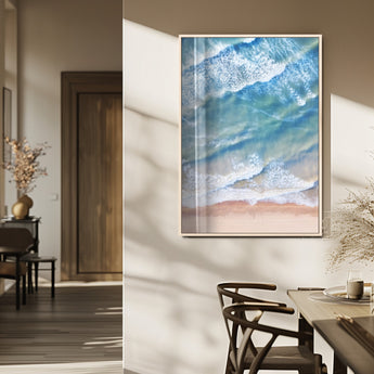 81208260-MGV-FP-48X32-3P_Natural-Aerial Ocean Wall Art Canvas Print, Framed Blue Waves Art Picture Print, Sandy Shoreline Perfect Modern Coastal Decor Artwork