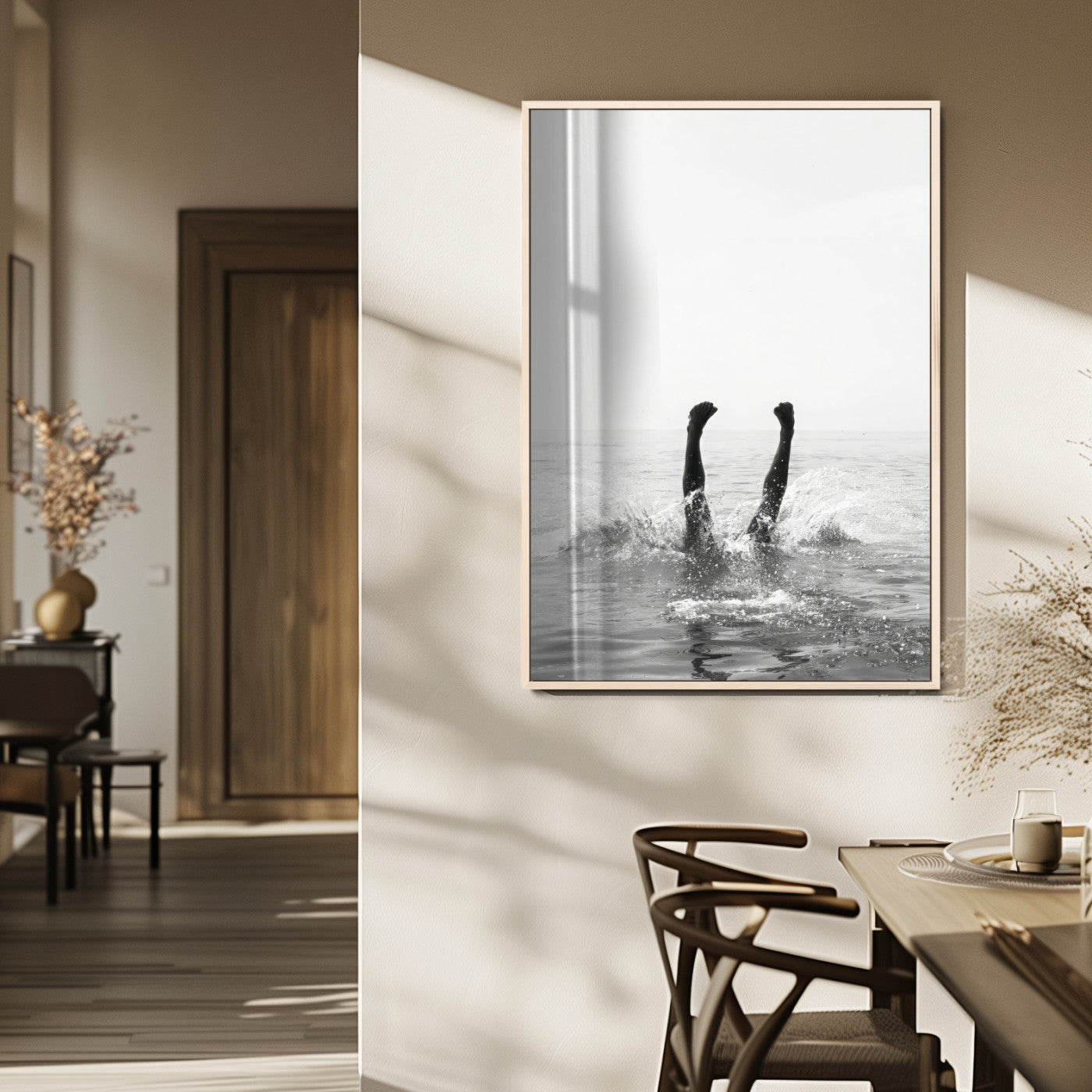 43900465-MGV-CV-24X36-Minimal Ocean Wall Art Canvas Print, Framed Monochrome Diving Art Picture Print, Swimmer in Sea Perfect Minimalist Coastal Decor