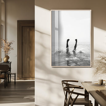 43900465-MGV-FP-48X32-3P_Natural-Minimal Ocean Wall Art Canvas Print, Framed Monochrome Diving Art Picture Print, Swimmer in Sea Perfect Minimalist Coastal Decor