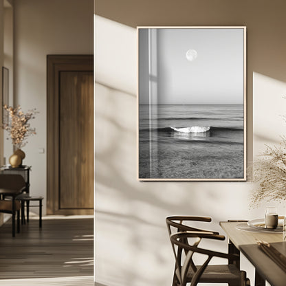 96234442-MGV-FP-48X32-3P_Natural-Black White Ocean Scene Wall Art Canvas Print, Framed Full Moon Over Sea Art Picture Print, Tranquil Coastal Canvas Perfect