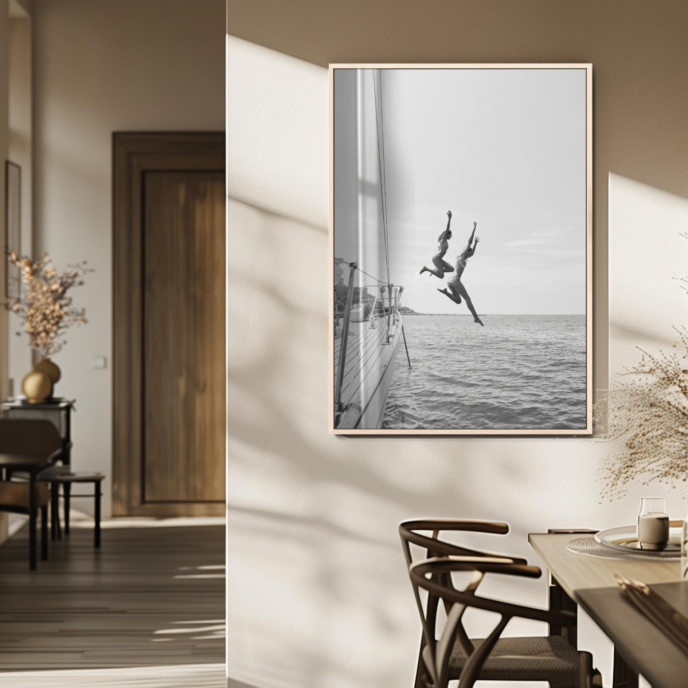 74555508-MGV-CV-24X36-Black White Sailing Wall Art Canvas Print, Framed Ocean Adventure Art Picture Print, Summer Energy Perfect Modern Minimalism Decor