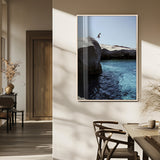 96853328-MGV-FP-48X32-3P_Natural-Cliff Diving Wall Art Canvas Print, Framed Turquoise Sea Art Picture Print, Ocean Adventure Perfect Coastal Minimalist Decor