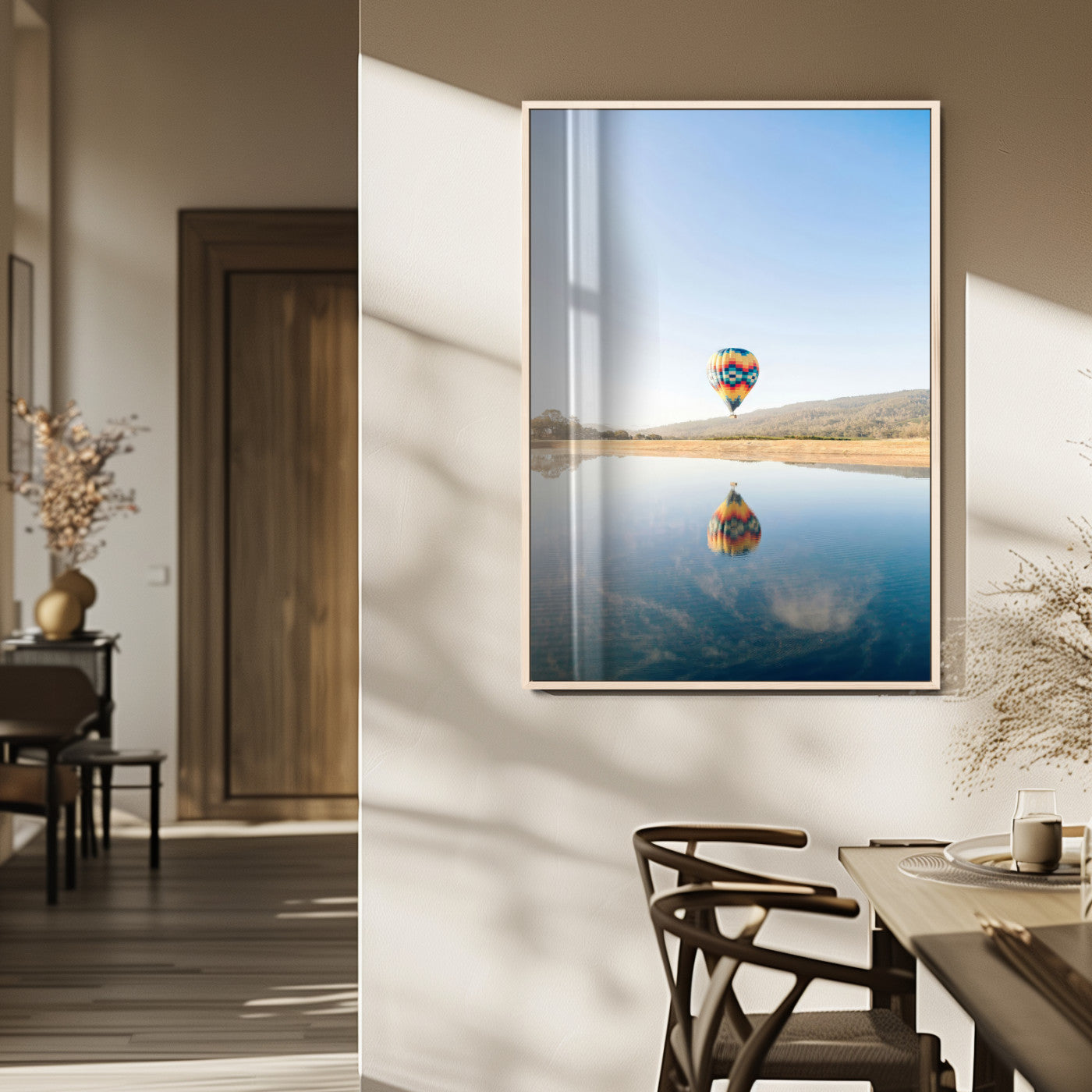 98091684-MGV-FP-48X32-3P_Natural-Hot Air Balloon Wall Art Canvas Print, Framed Flight Reflection Art Picture Print, Peaceful Lakeside Perfect Modern Minimalist