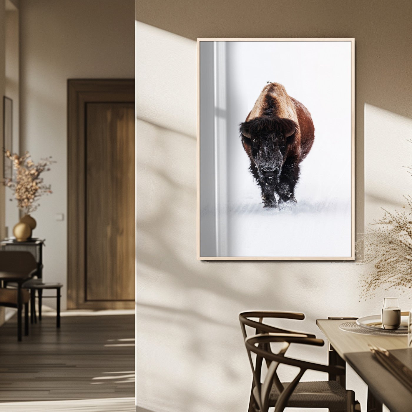11394883-MGV-FP-48X32-3P_Natural-Winter Bison Wall Art Canvas Print, Framed Rustic Wildlife Art Picture Print, Bold Animal Art Perfect Rustic Lodge Decor Artwork