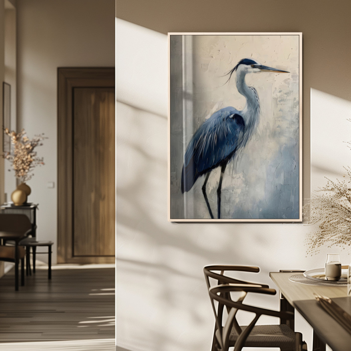 51380726-MGV-CV-24X36-Blue Heron Decor Wall Art Canvas Print, Framed Coastal Bird Design Art Picture Print, Minimal Heron Portrait Perfect Coastal