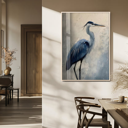 51380726-MGV-FP-48X32-3P_Natural-Blue Heron Decor Wall Art Canvas Print, Framed Coastal Bird Design Art Picture Print, Minimal Heron Portrait Perfect Coastal