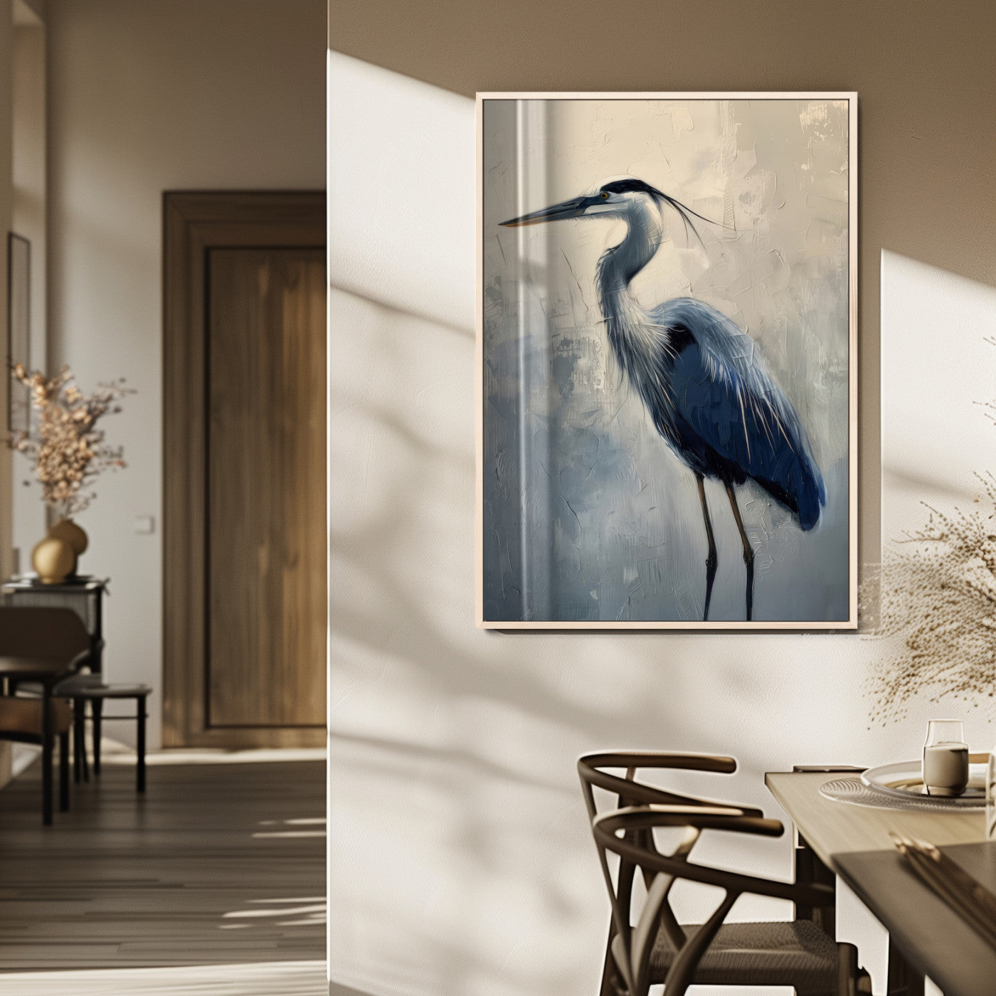 68368019-MGV-CV-24X36-Blue Heron Art Wall Art Canvas Print, Framed Crane Bird Painting Art Picture Print, Elegant Wildlife Scene Perfect Coastal