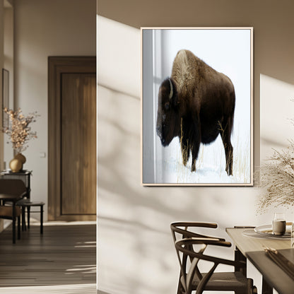76778120-MGV-FP-48X32-3P_Natural-Bison Photography Wall Art Canvas Print, Framed Western Wildlife Art Picture Print, Buffalo On Snow Perfect Western Rustic Decor