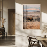 75146693-MGV-FP-48X32-3P_Natural-Solitary Buffalo Wall Art Canvas Print, Framed Golden Prairie Art Picture Print, Earthy Tones Perfect Rustic Western Decor Artwork
