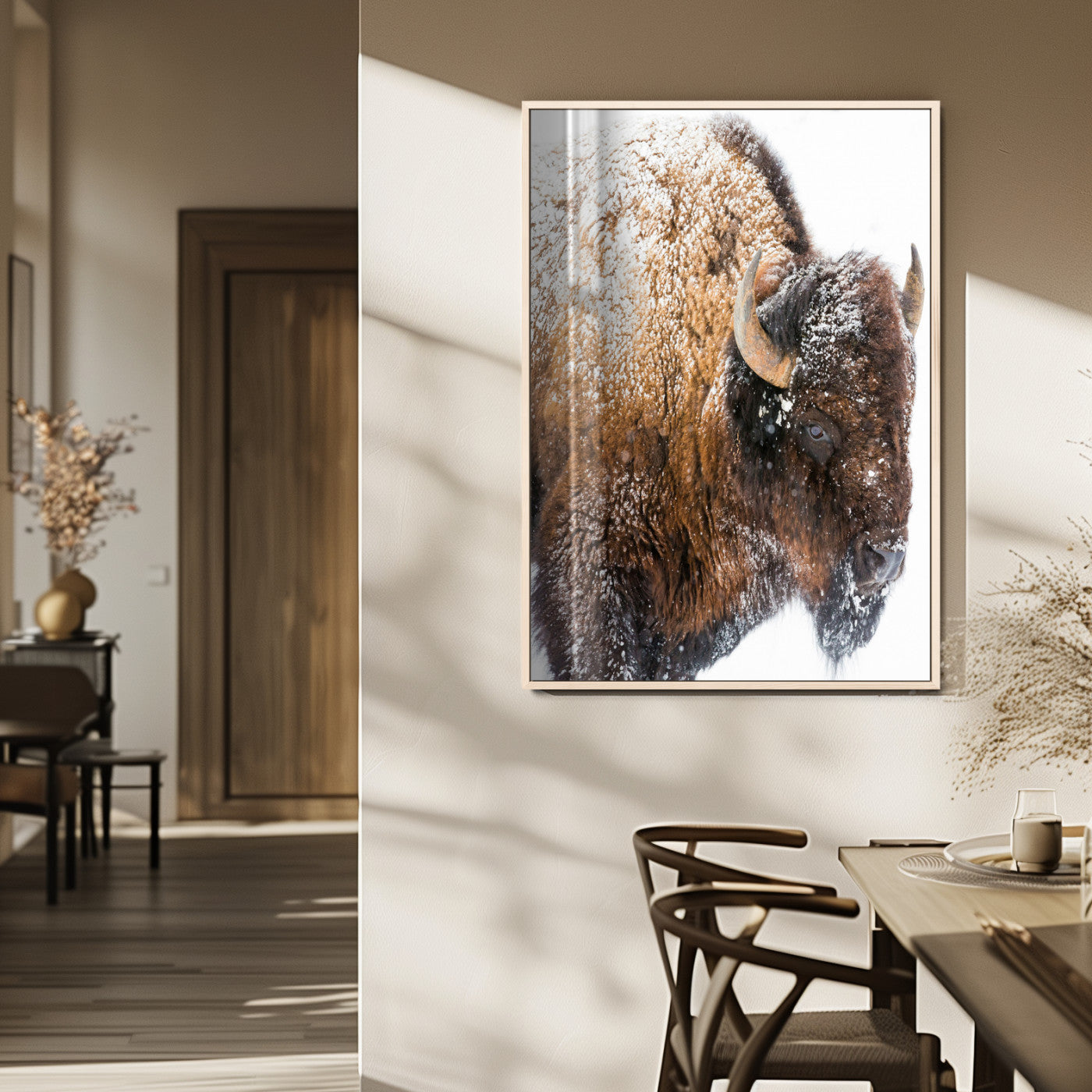27690436-MGV-FP-48X32-3P_Natural-Snowy Buffalo Wall Art Canvas Print, Framed Wildlife Photography Art Picture Print, Rustic Lodge Perfect Rustic Lodge Decor Decor