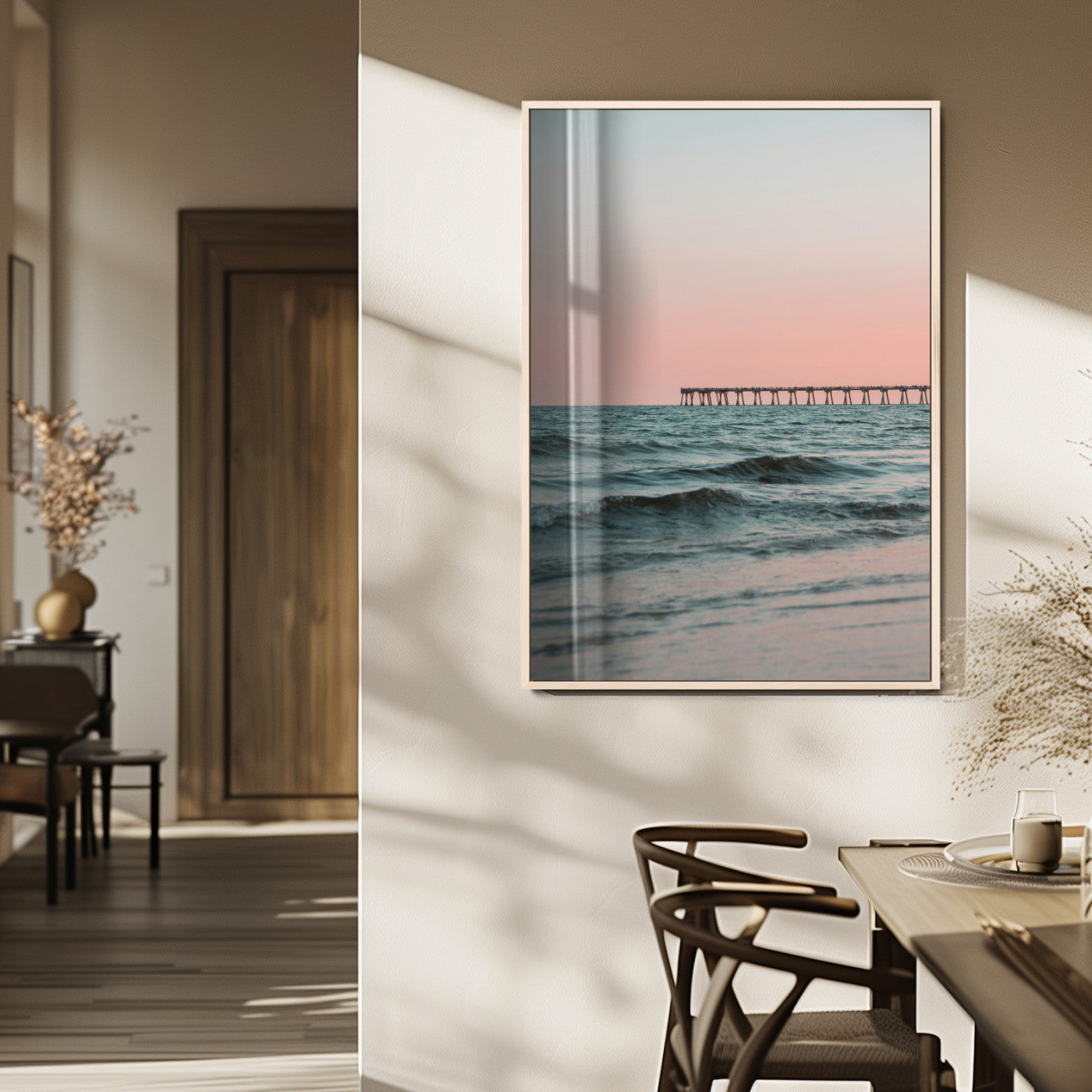 89450227-MGV-FP-48X32-3P_Natural-Minimalist Seascape Wall Art Canvas Print, Framed Soft Pastel Sunset Art Picture Print, Tranquil Ocean Perfect Minimalist Coastal