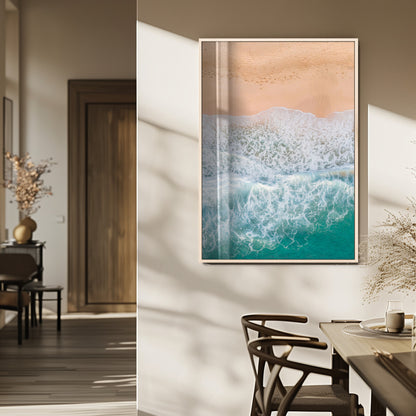 91434062-MGV-FP-48X32-3P_Natural-Beach Aerial Wall Art Canvas Print, Framed Soft Waves Art Picture Print, Ocean Tranquility Perfect Coastal Minimalist Decor