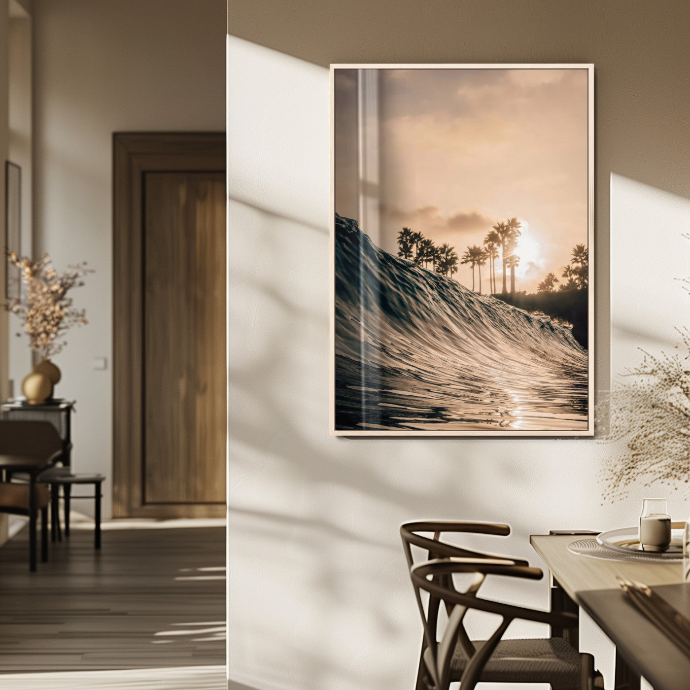 80487302-MGV-FP-48X32-3P_Natural-Coastal Sunset Wall Art – Golden Ocean Wave and Palm Trees Canvas Print, Tropical Photography Decor for Bedroom, Living Room,