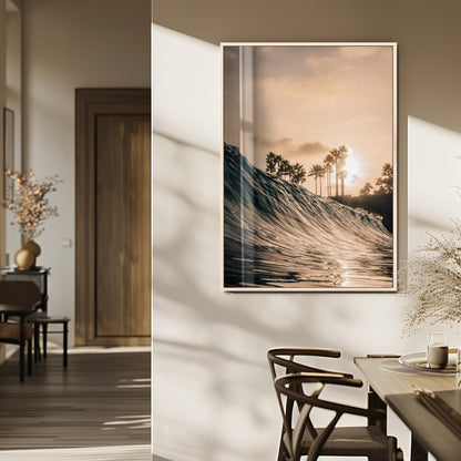 80487302-MGV-FP-48X32-3P_Natural-Coastal Sunset Wall Art – Golden Ocean Wave and Palm Trees Canvas Print, Tropical Photography Decor for Bedroom, Living Room,