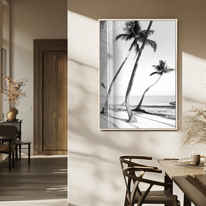 16582004-MGV-FP-48X32-3P_Natural-Black and White Tropical Palm Trees Canvas Wall Art – Minimalist Coastal Photography, Large Framed Print for Home, Office, Living