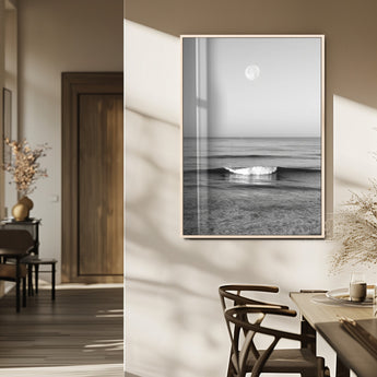 10207552-MGV-FP-48X32-3P_Natural-Minimalist Ocean Moon Wall Art – Black and White Seascape Photography Print, Coastal Decor, Calm Ocean Waves with Full Moon for