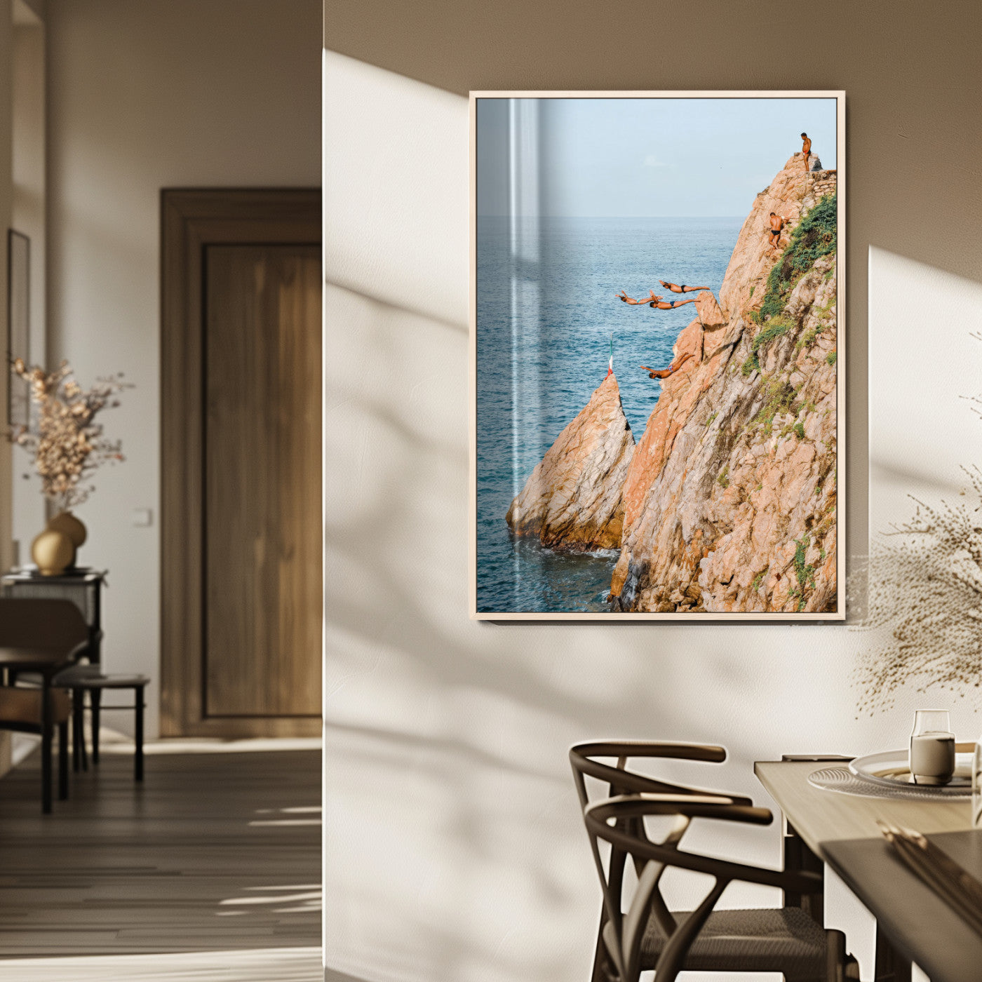 13614237-MGV-FP-48X32-3P_Natural-Cliff Diving Wall Art – Panoramic Ocean Jump Canvas Print, Extreme Sports Adventure Decor for Living Room, Office, Bedroom, Man