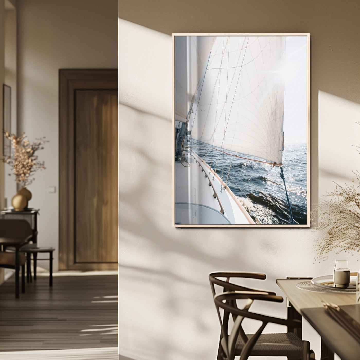 95552990-MGV-FP-48X32-3P_Natural-Nautical Sailing Wall Art – Sailboat with White Sails and Ocean Waves, Coastal Photography Print, Seaside Decor for Beach House &