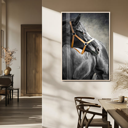 40324916-MGV-FP-48X32-3P_Natural-Horse Wall Art – Equestrian Canvas Print, Elegant Black Stallion Portrait with Golden Halter, Rustic Western Photography Decor for