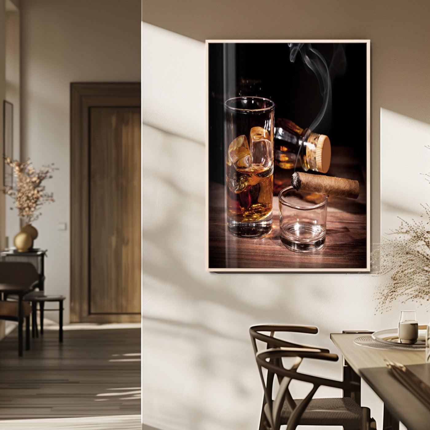 13274-MGV-FP-48X32-3P_Natural-Whiskey Glass Wall Art Canvas Print, Framed Smoking Cigar Art Picture Print, Amber Whiskey Perfect Masculine Rustic Decor Artwork