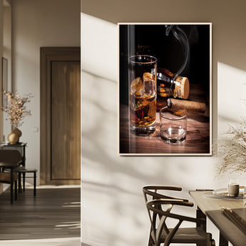 13274-MGV-FP-48X32-3P_Natural-Whiskey Glass Wall Art Canvas Print, Framed Smoking Cigar Art Picture Print, Amber Whiskey Perfect Masculine Rustic Decor Artwork