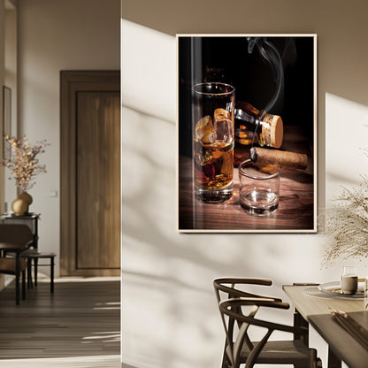 13274-MGV-FP-48X32-3P_Natural-Whiskey Glass Wall Art Canvas Print, Framed Smoking Cigar Art Picture Print, Amber Whiskey Perfect Masculine Rustic Decor Artwork