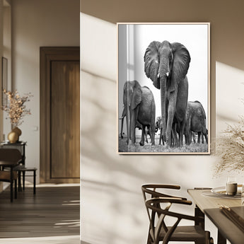 79634-MGV-FP-48X32-3P_Natural-Elephant Herd Wall Art Canvas Print, Framed African Elephant Art Picture Print, Monochrome Wildlife Perfect Monochrome Safari