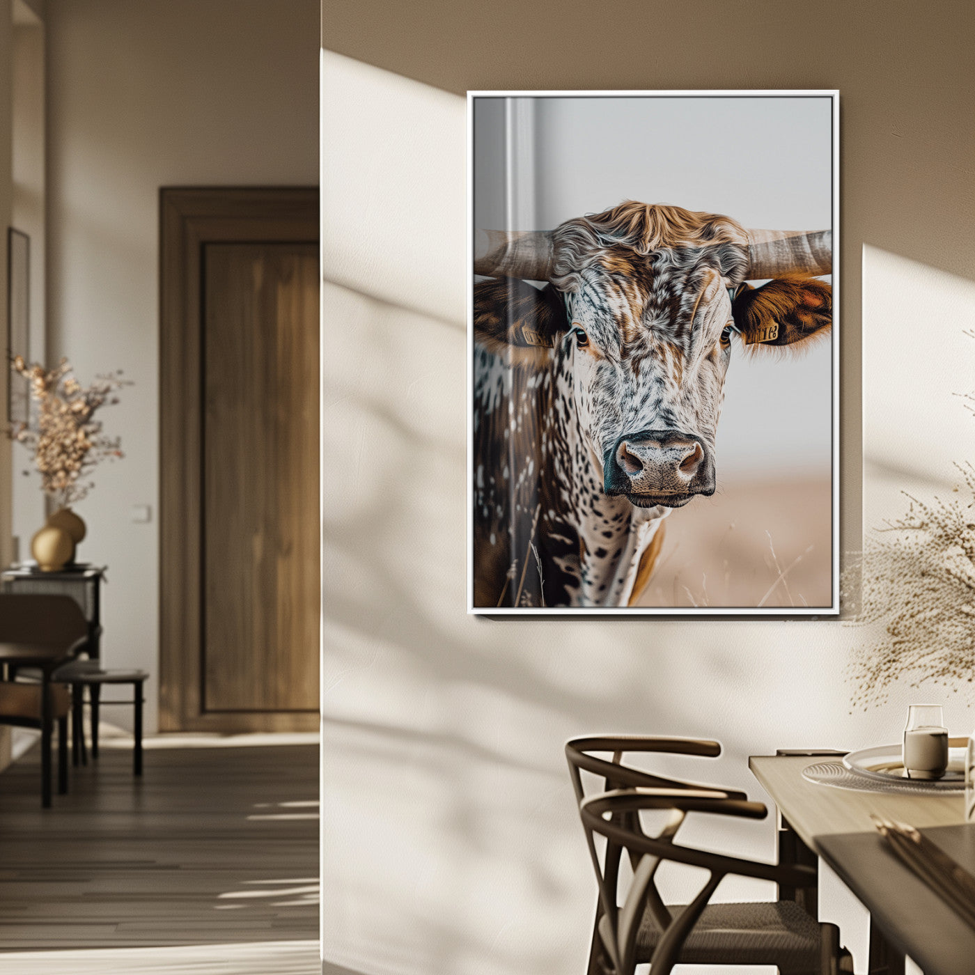50803532-MGV-CV-24X36-Texas Longhorn Wall Art Canvas Print, Framed Speckled Cow Art Picture Print, Horned Bull Perfect Rustic Western Decor Artwork