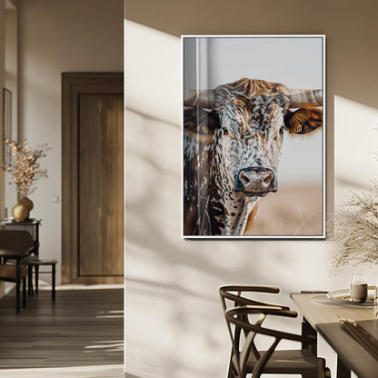 50803532-MGV-FP-48X32-3P_White-Texas Longhorn Wall Art Canvas Print, Framed Speckled Cow Art Picture Print, Horned Bull Perfect Rustic Western Decor Artwork