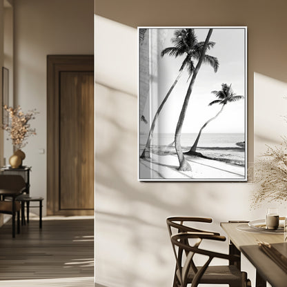 50406026-MGV-FP-48X32-3P_White-Black White Palms Wall Art Canvas Print, Framed Tropical Beach Art Picture Print, Minimalist Coastal Perfect Coastal Minimalist