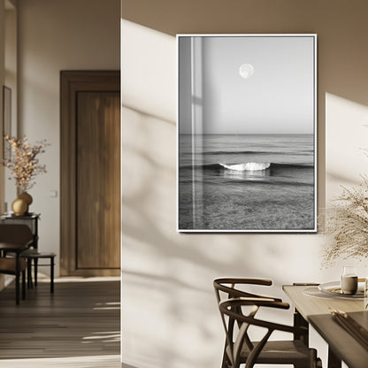 96234442-MGV-CV-24X36-Black White Ocean Scene Wall Art Canvas Print, Framed Full Moon Over Sea Art Picture Print, Tranquil Coastal Canvas Perfect