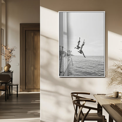 74555508-MGV-FP-48X32-3P_White-Black White Sailing Wall Art Canvas Print, Framed Ocean Adventure Art Picture Print, Summer Energy Perfect Modern Minimalism Decor