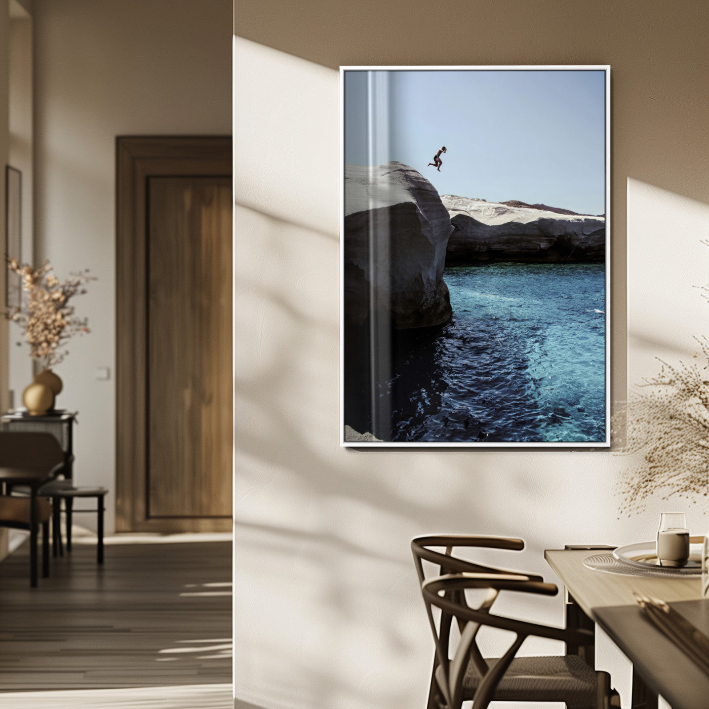 96853328-MGV-CV-24X36-Cliff Diving Wall Art Canvas Print, Framed Turquoise Sea Art Picture Print, Ocean Adventure Perfect Coastal Minimalist Decor