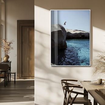 96853328-MGV-FP-48X32-3P_White-Cliff Diving Wall Art Canvas Print, Framed Turquoise Sea Art Picture Print, Ocean Adventure Perfect Coastal Minimalist Decor