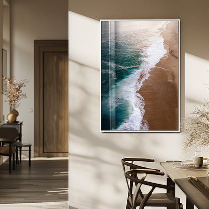 46042804-MGV-FP-48X32-3P_White-Aerial Beach Wall Art Canvas Print, Framed Coastal Waves Art Picture Print, Turquoise Ocean Perfect Modern Coastal Decor Artwork