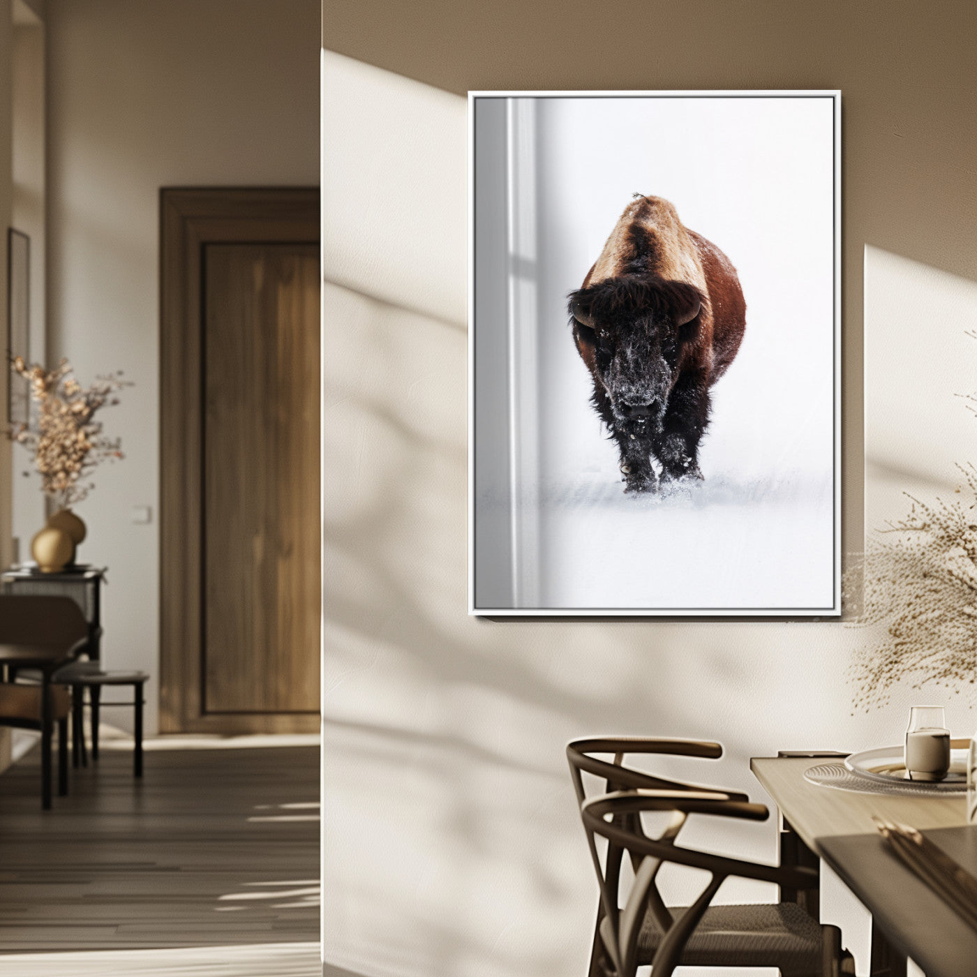 11394883-MGV-CV-24X36-Winter Bison Wall Art Canvas Print, Framed Rustic Wildlife Art Picture Print, Bold Animal Art Perfect Rustic Lodge Decor Artwork