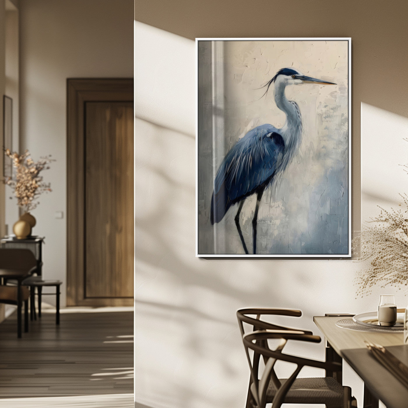 51380726-MGV-CV-24X36-Blue Heron Decor Wall Art Canvas Print, Framed Coastal Bird Design Art Picture Print, Minimal Heron Portrait Perfect Coastal