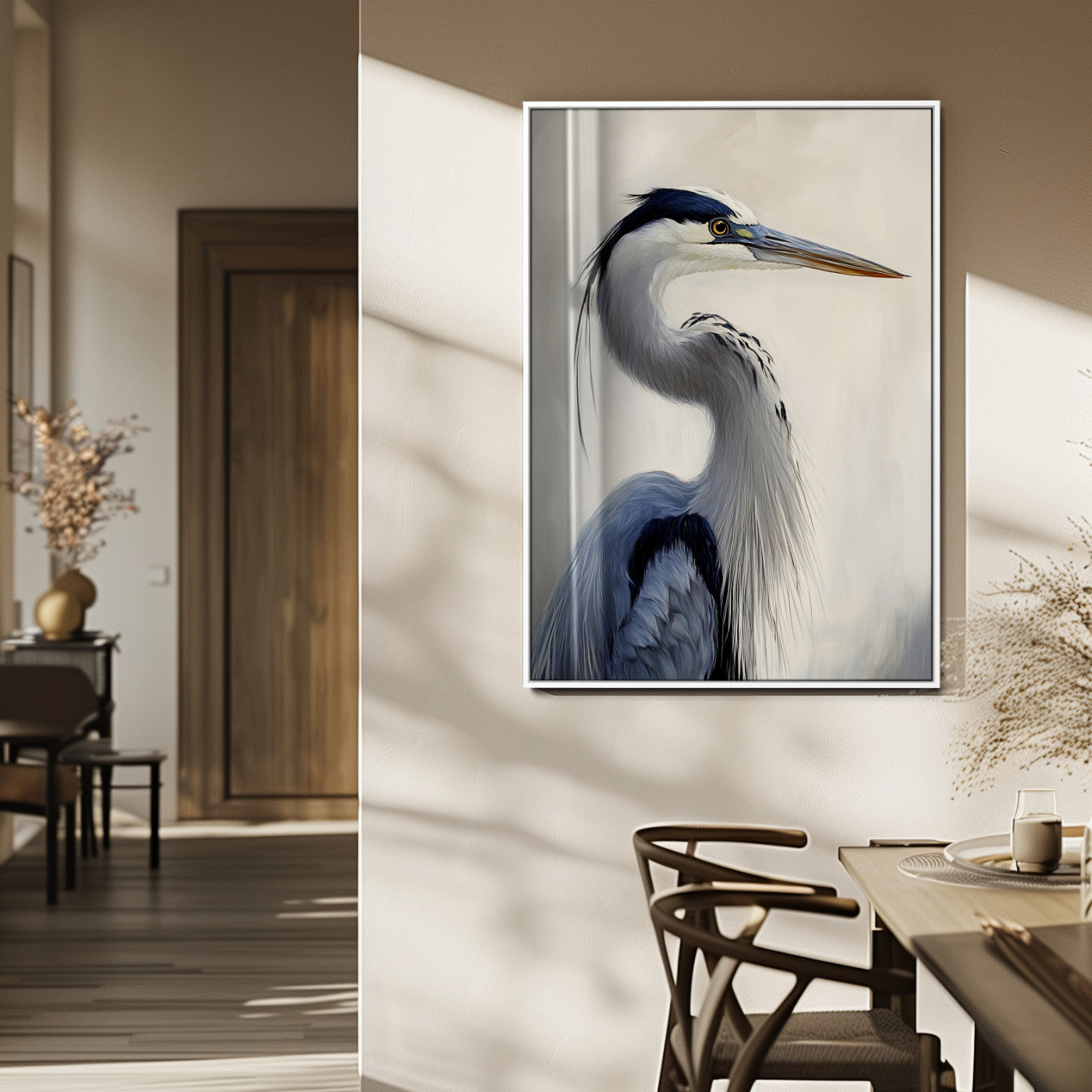 79581184-MGV-CV-24X36-Blue Heron Wall Art Canvas Print, Framed Elegant Wildlife Art Picture Print, Minimalist Bird Theme Perfect Coastal Minimalist