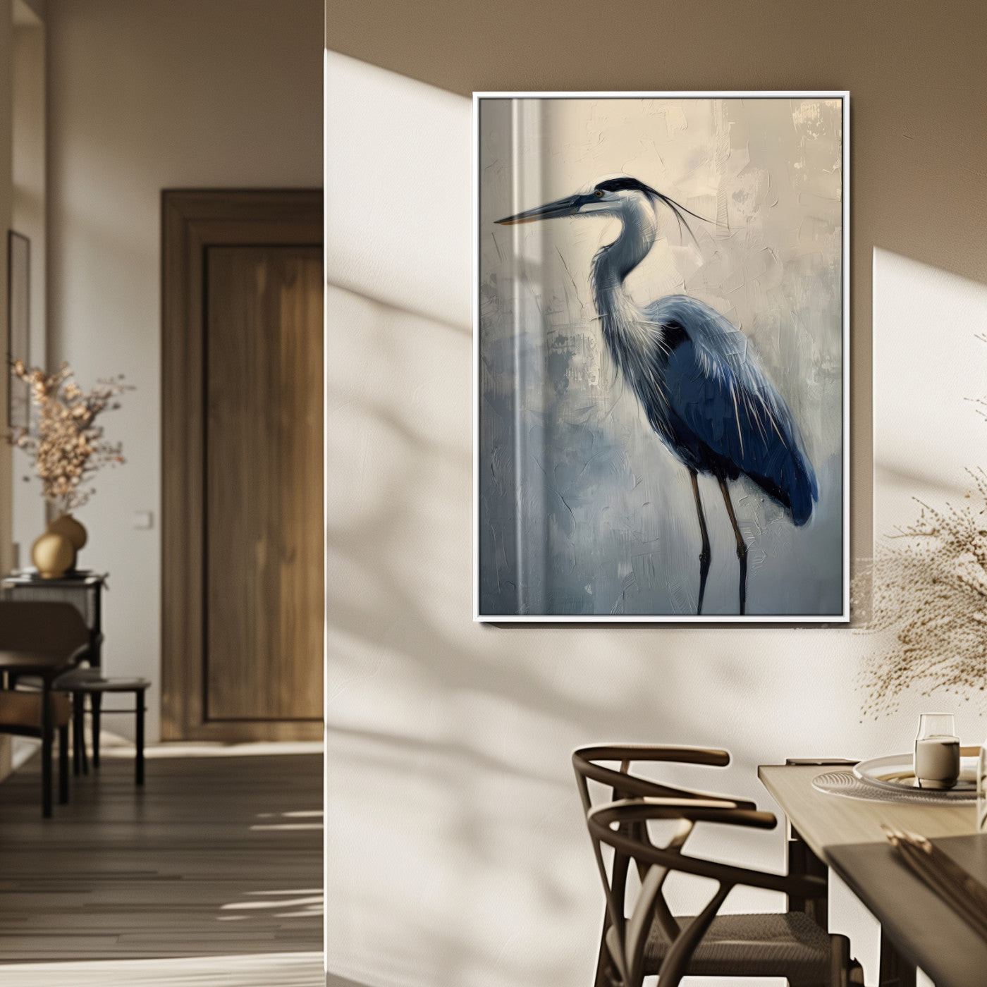 68368019-MGV-CV-24X36-Blue Heron Art Wall Art Canvas Print, Framed Crane Bird Painting Art Picture Print, Elegant Wildlife Scene Perfect Coastal