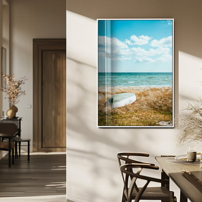 21725303-MGV-FP-48X32-3P_White-Coastal Serenity Wall Art Canvas Print, Framed Ocean View Art Picture Print, Rustic Boat Perfect Nautical Coastal Decor Artwork