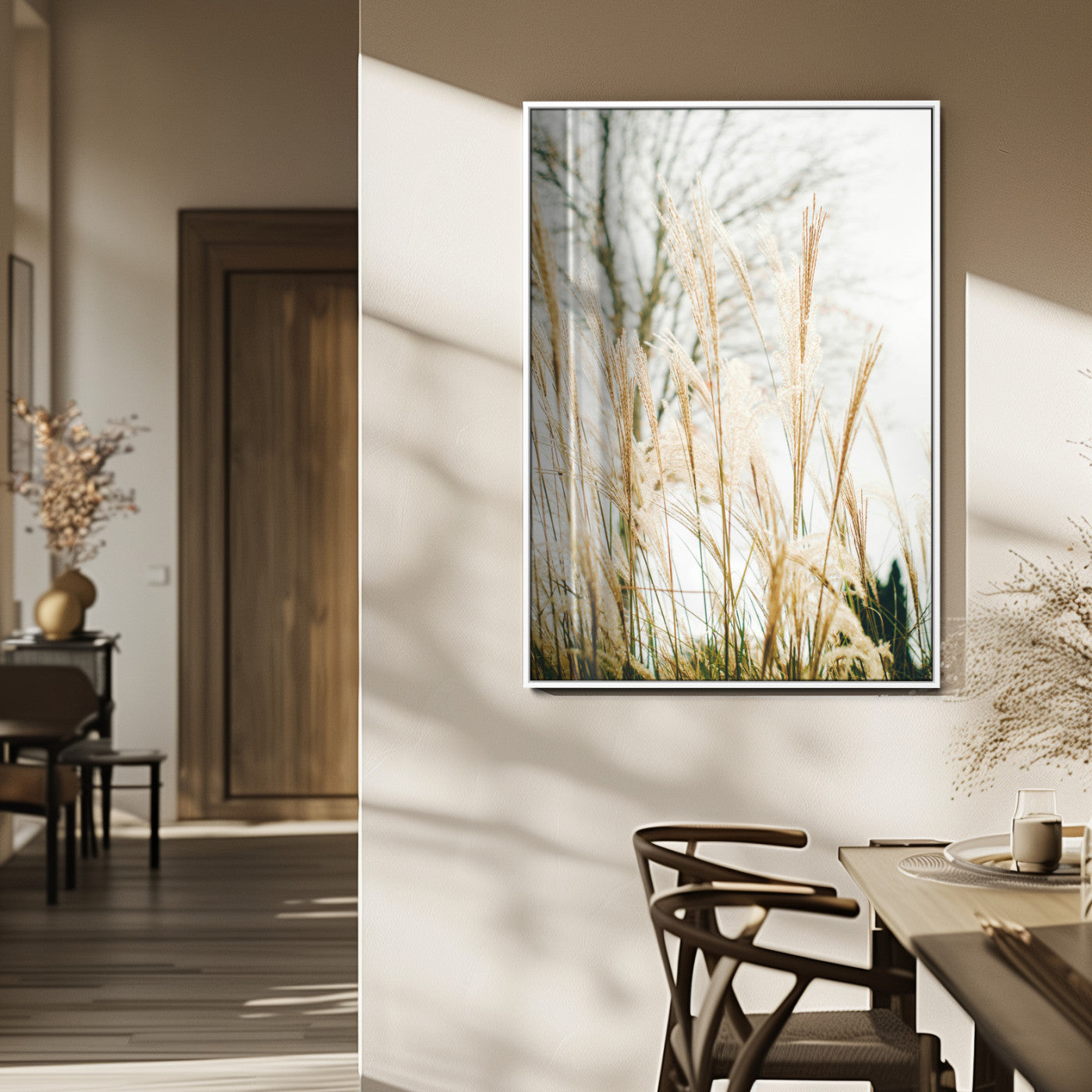 17571705-MGV-FP-48X32-3P_White-Pampas Grass Wall Art Canvas Print, Framed Neutral Tones Art Picture Print, Minimalist Nature Perfect Boho Minimalist Decor