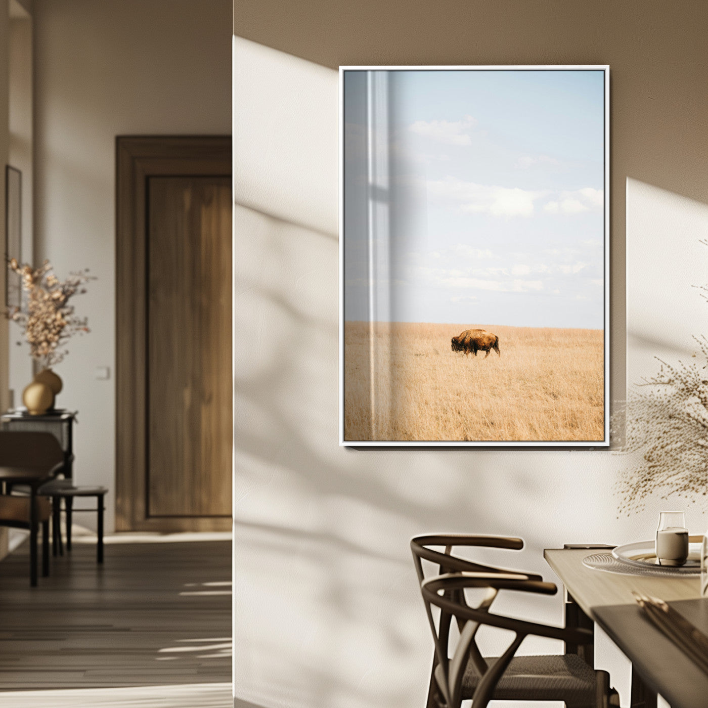 96766166-MGV-FP-48X32-3P_White-Minimalist Nature Wall Art Canvas Print, Framed Bison In Grassland Art Picture Print, Open Field Perfect Modern Ranch Decor Decor