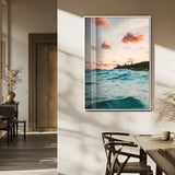 13960366-MGV-FP-48X32-3P_White-Tropical Seascape Wall Art Canvas Print, Framed Sunset Ocean Art Picture Print, Coastal Aesthetic Perfect Coastal Bohemian Decor